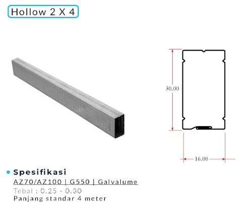 HOLLOW GALVALUM 2X4 M AURI - 0.25MMX15X29X4M